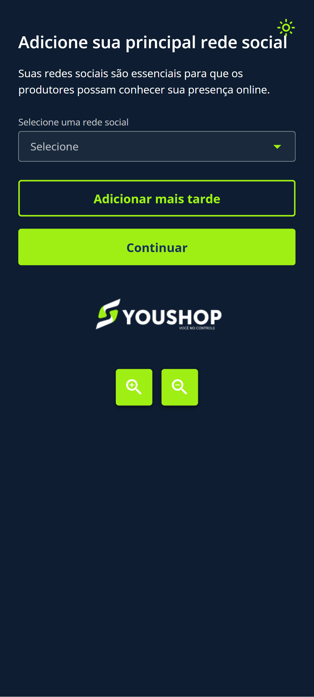 Nessa etapa, você pode adicionar sua principal rede social ou pular e adicionar depois.