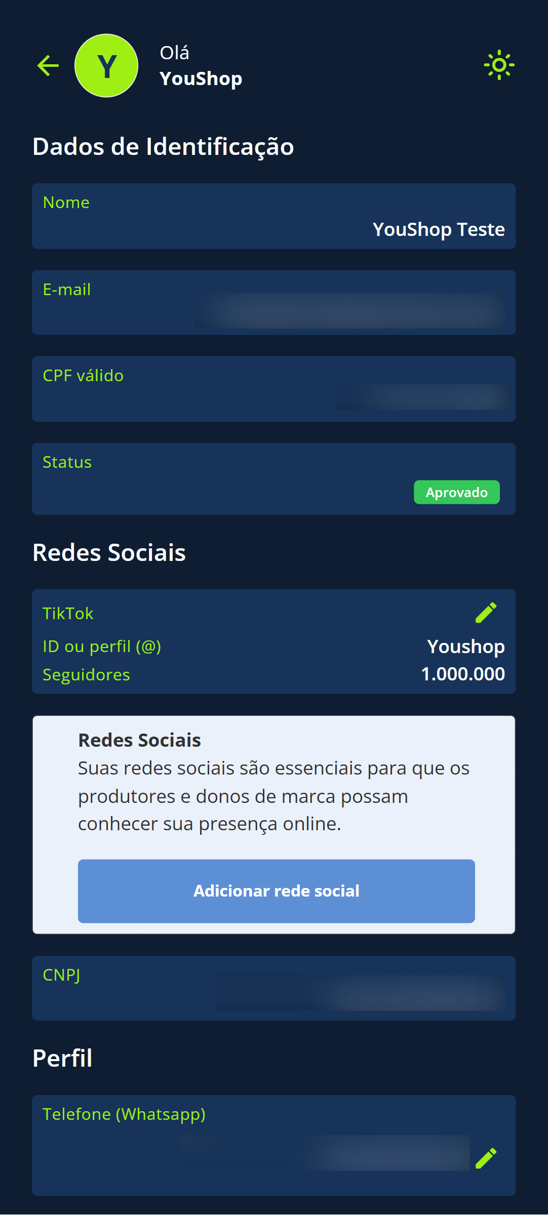Caso tenha informado algum dado incorretamente, você poderá editar a rede social posteriormente.