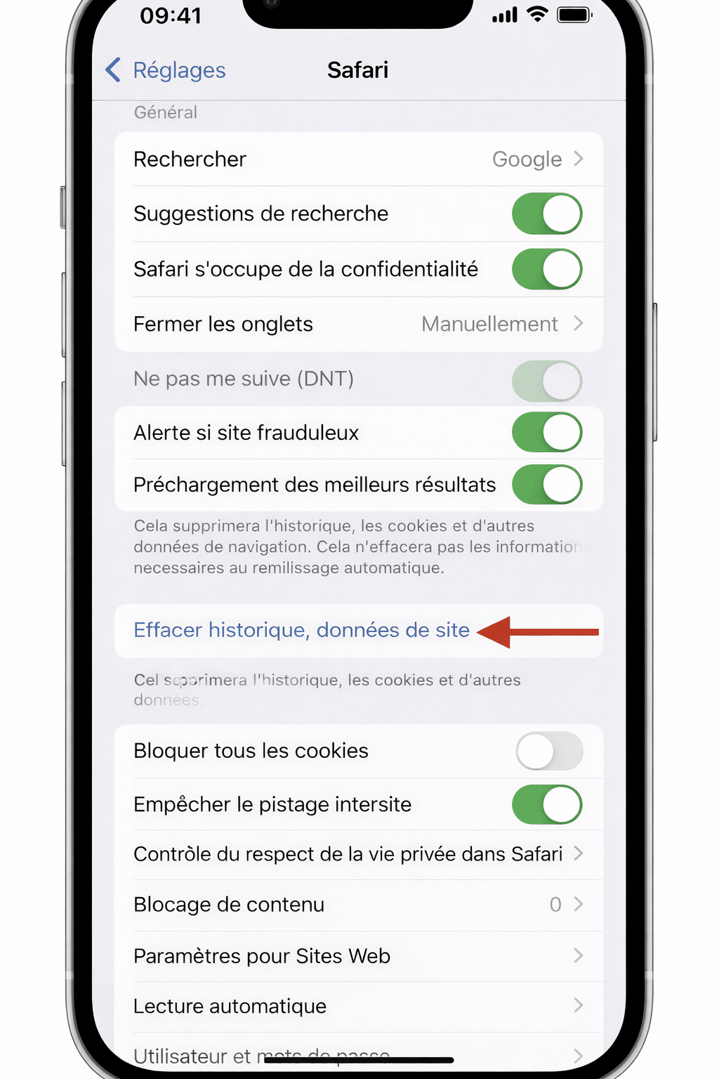 ## Effacer les données
&nbsp;
Appuyez sur **Effacer historique, données de site.**
