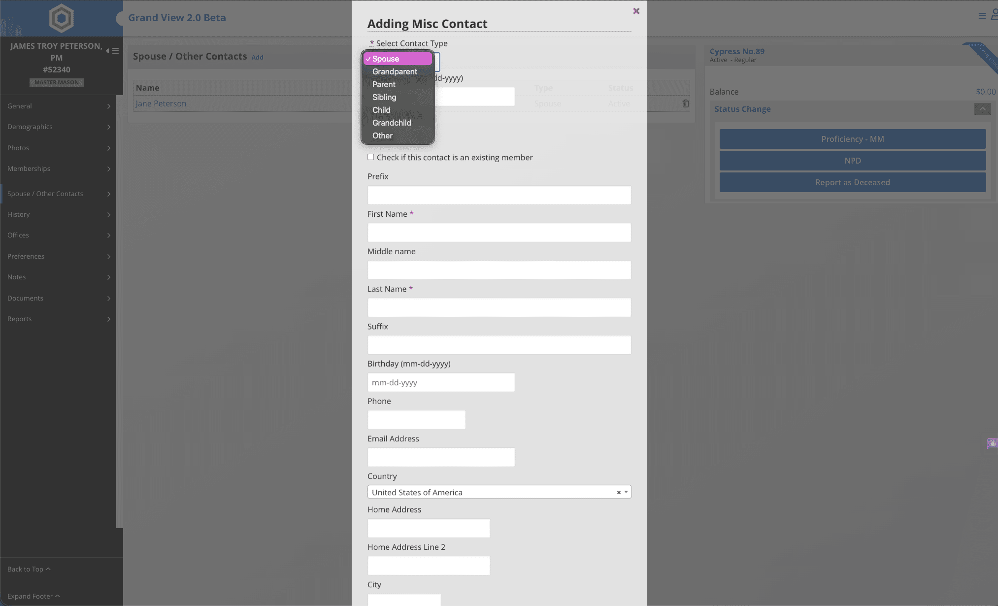 Select the Contact Type