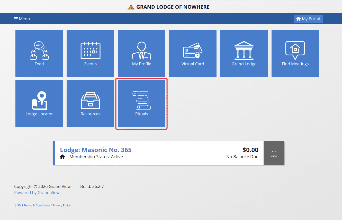 On the member portal, a member will see the Rituals tile if there are enabled Rituals in the system with Ritual parts.