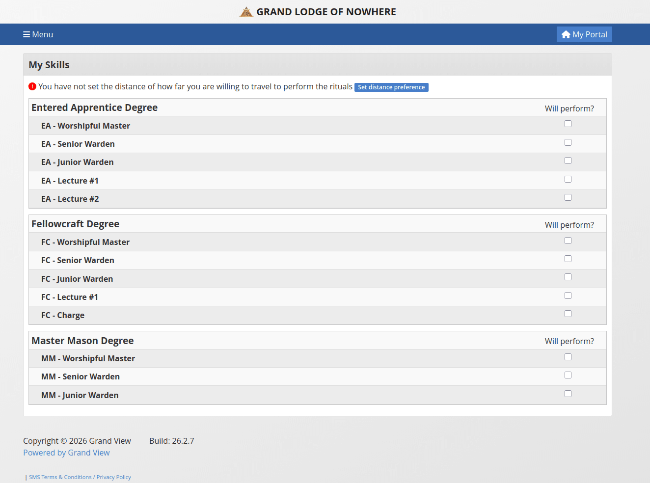 Clicking on the Rituals tile will take the member to the page where they can set their travel distance preferences and the parts that they are willing to perform.
Checking the box by the part they are willing to perform will save the changes as they go through the list.