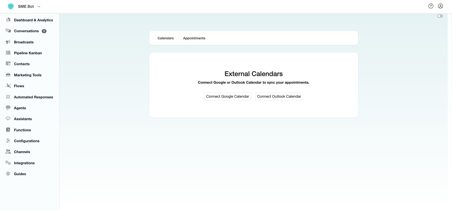 Click "Connect Google Calendar". Outlook Calendar is not available yet.
