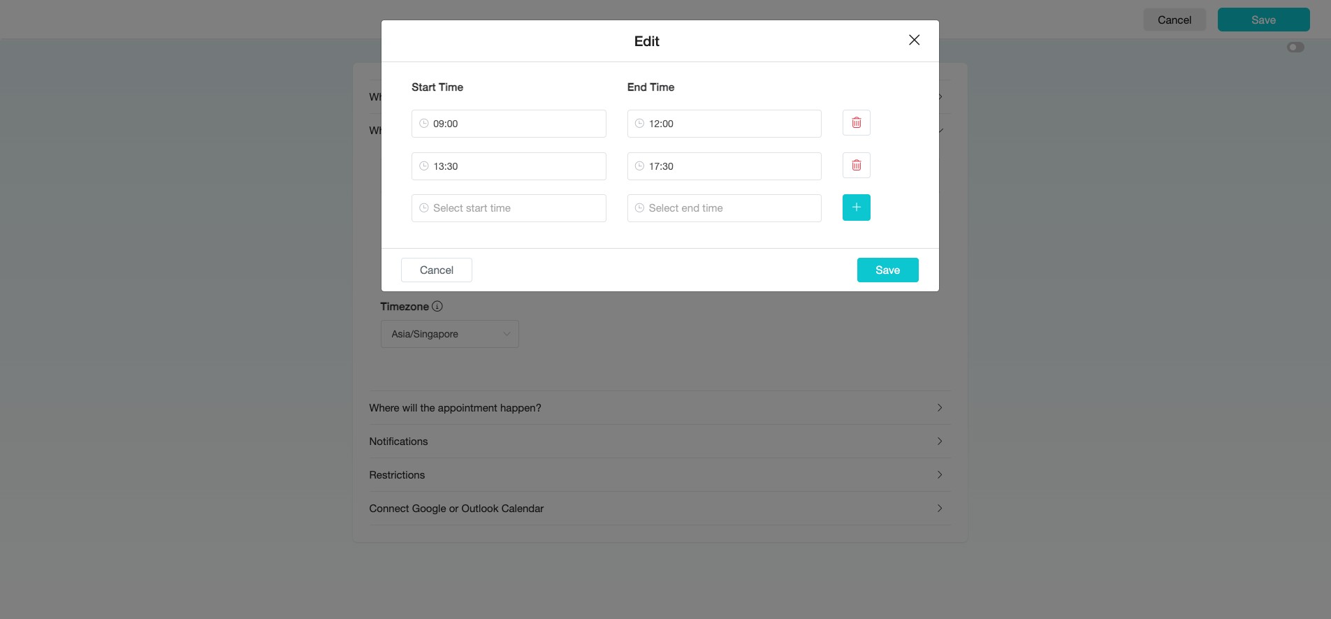 Click "Save" to save your configuration, then continue setting available days and time slots for the rest of the week under "When can people book?".