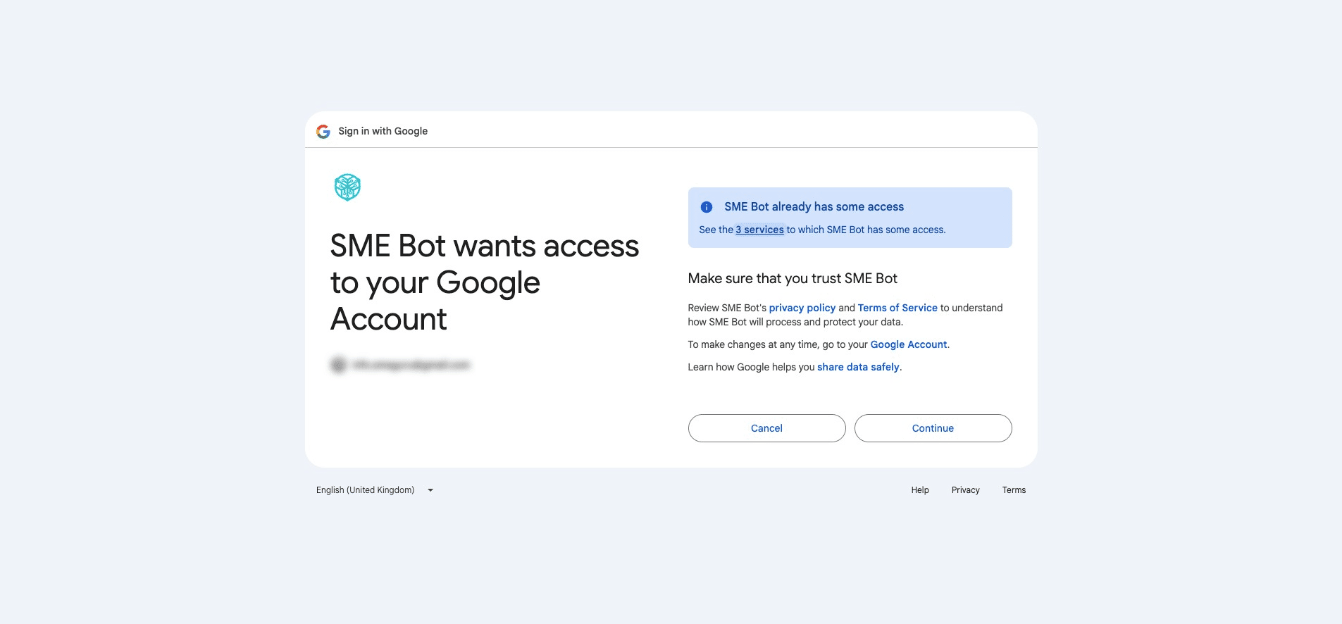 If you've connected SME Bot before, you’ll see a notice about the access you're granting. Click "3 services" to view more details of the permissions.