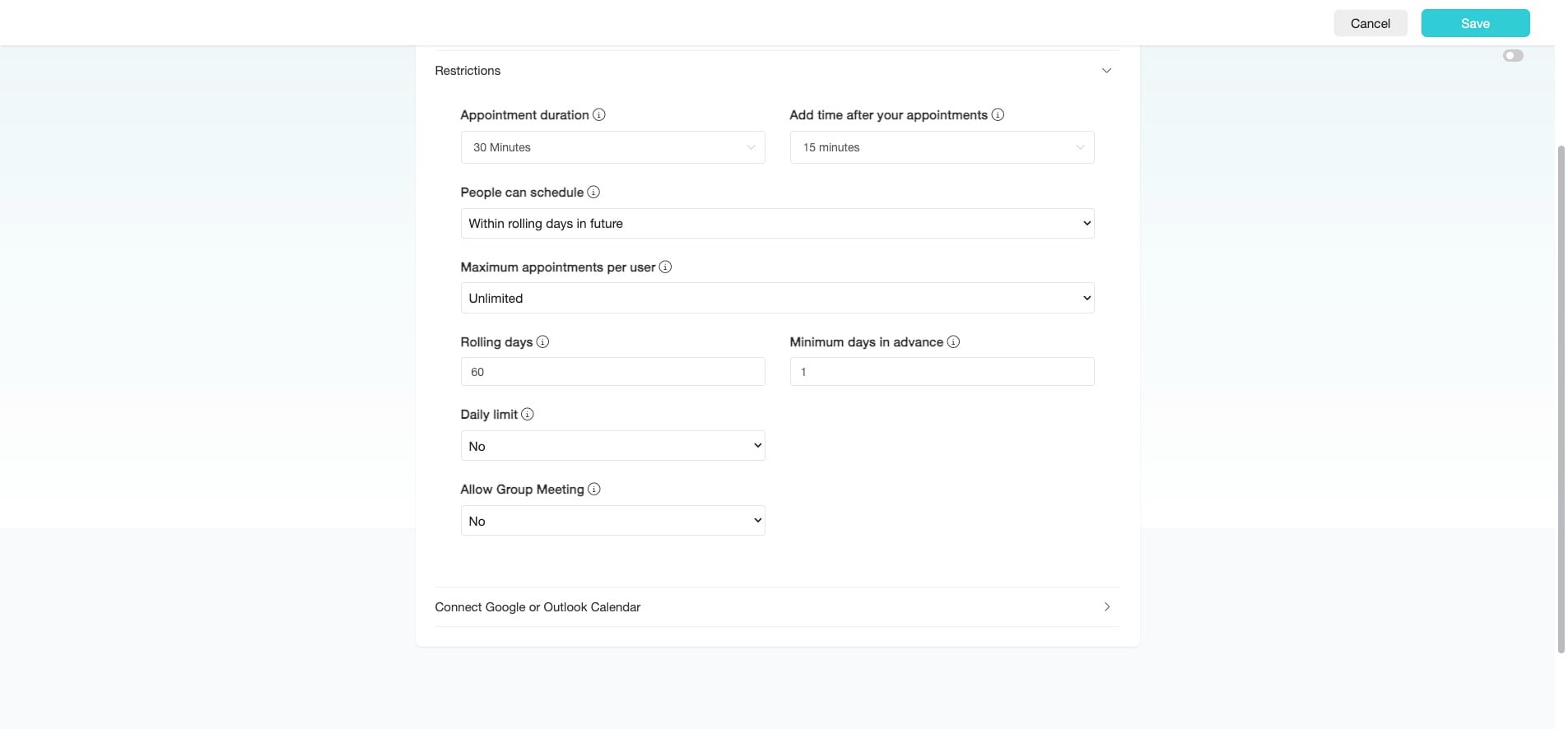 Number of "Rolling Days" can be set when you select "Within rolling days in future" under the "People can schedule" section.