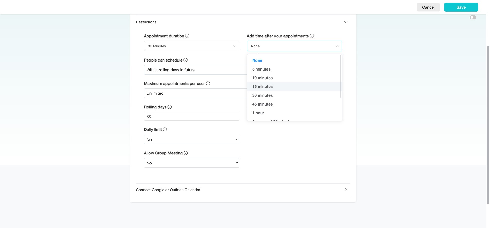 Set a longer buffer for travel, or a shorter one for online or on-site appointments.