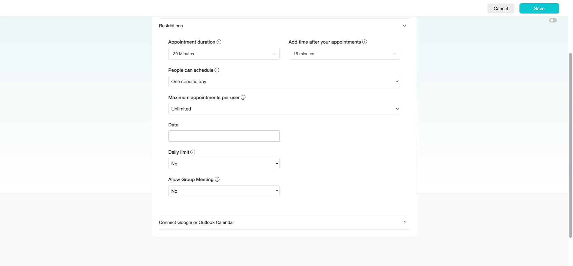 This limits booking availability to a fixed period or single date.