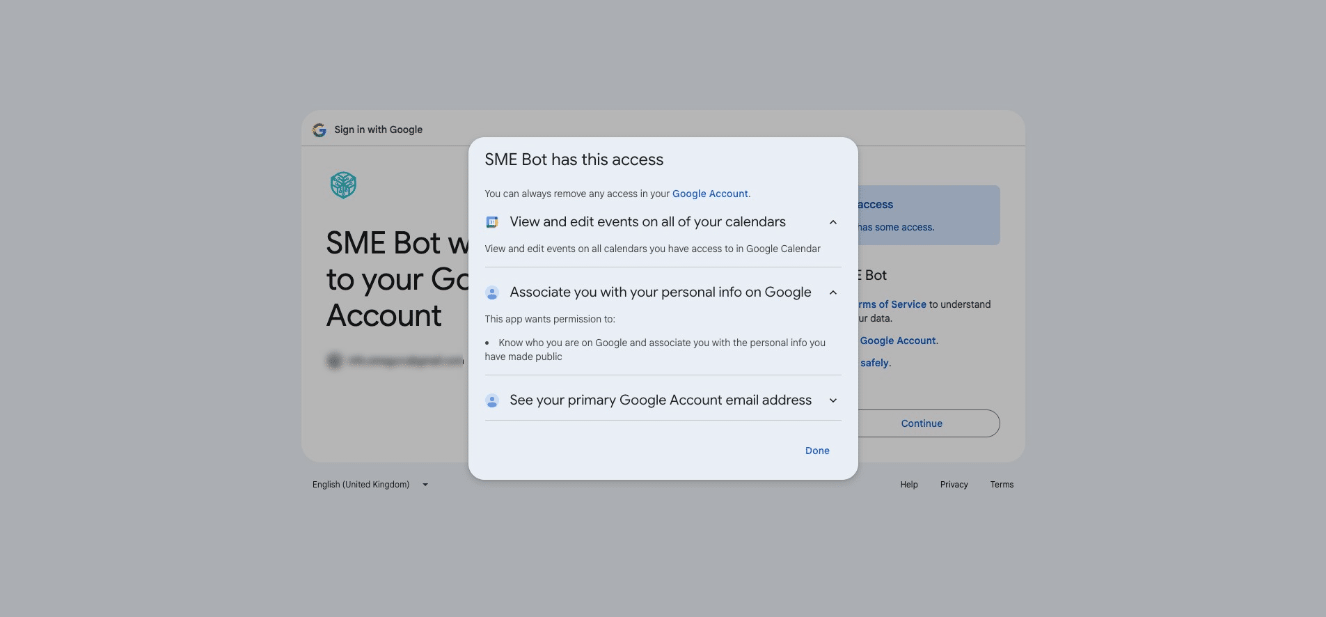 A pop-up will appear showing all the access permissions you’ve granted to SME Bot.