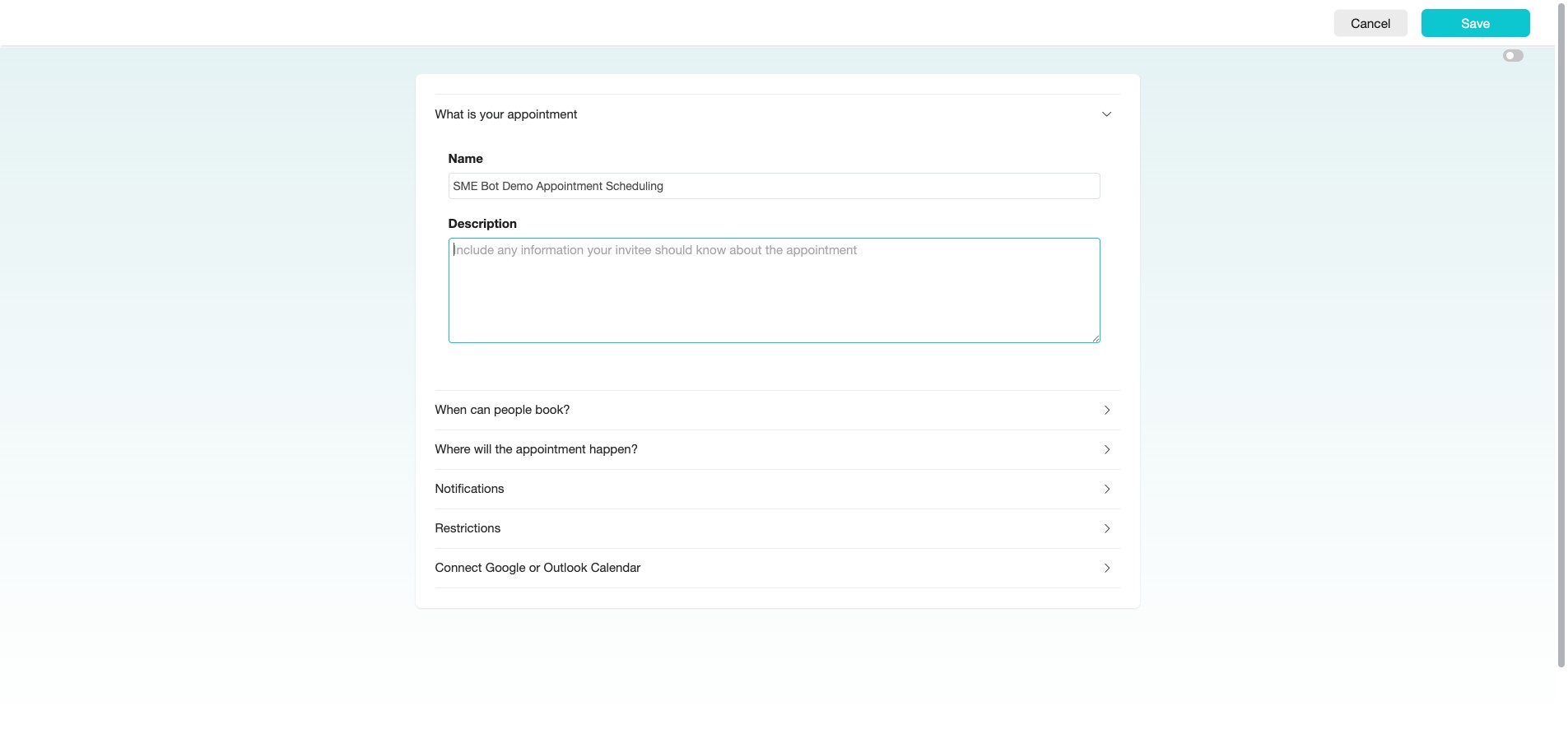 Provide a "Description" with the details you'd like to share with your invitee about the appointment, such as purpose, duration, and any preparation required. 