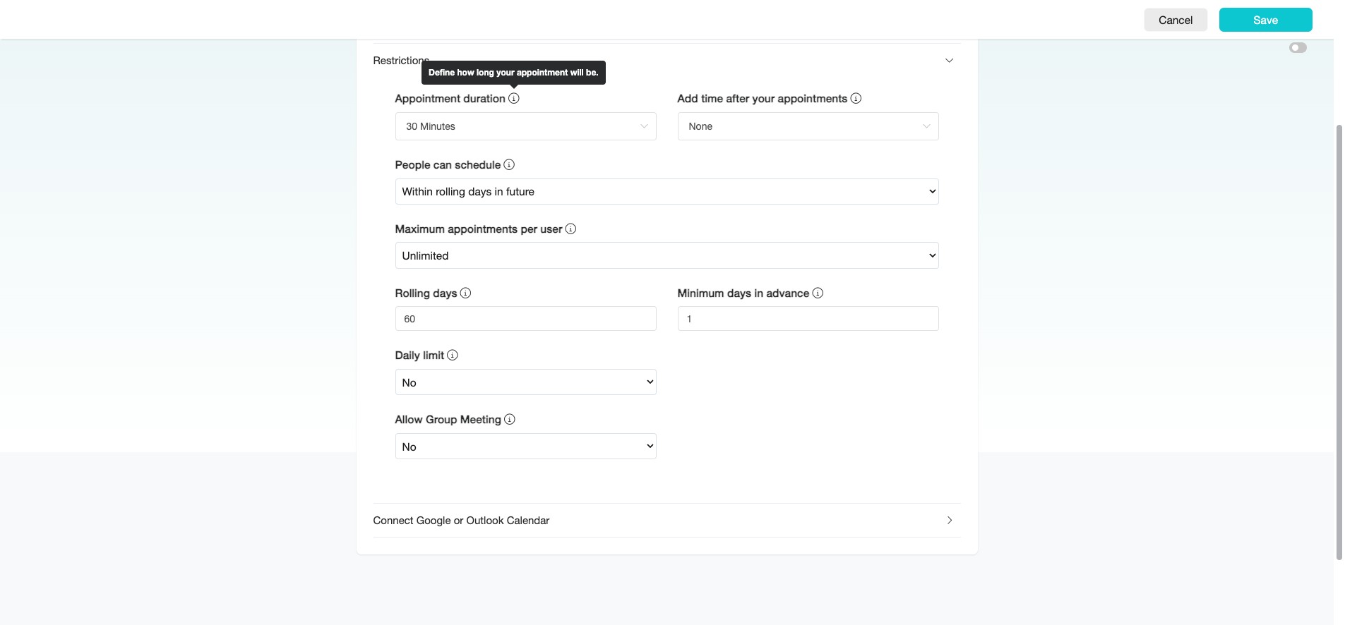 At the "Appointment Duration," define the length of time for the appointment.