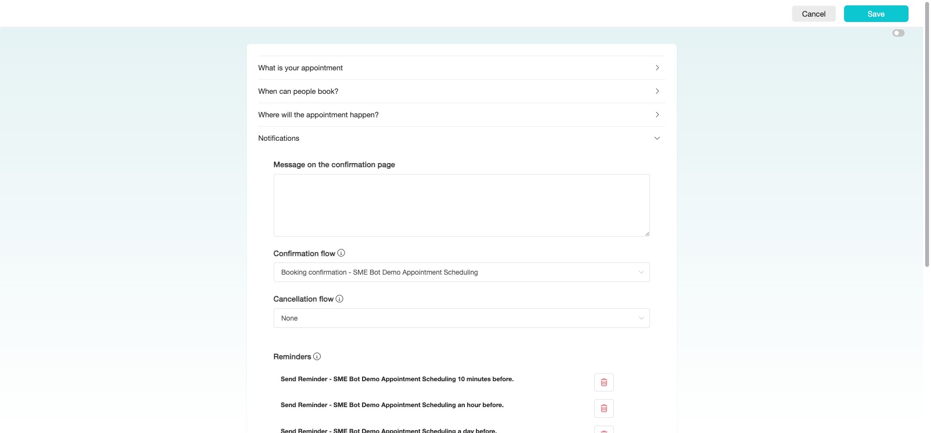 Provide a "Message on the confirmation page" — this is the message your invitee will see after booking the appointment.