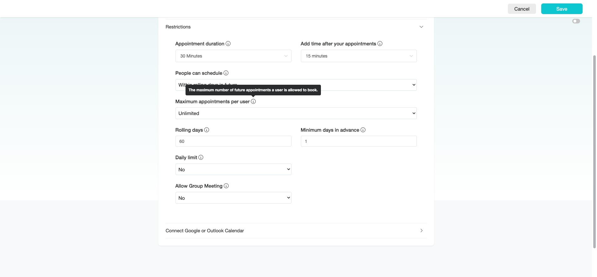 At "Maximum appointments per user," set the maximum number of future appointments a user can book.