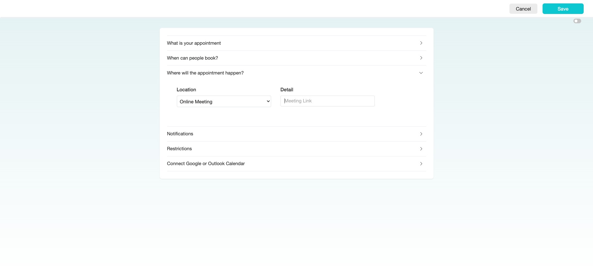 For "Online Meeting," provide a Meeting Link.