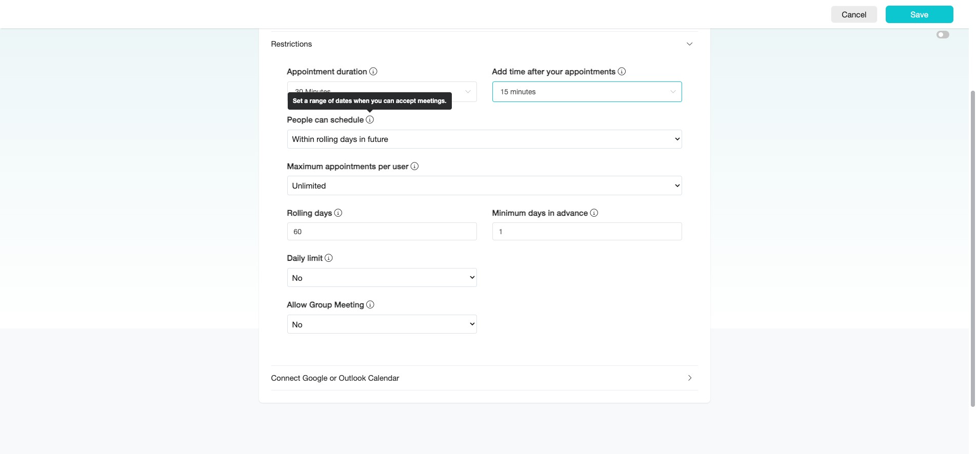 At "People can schedule," set the date range you're available for appointments.