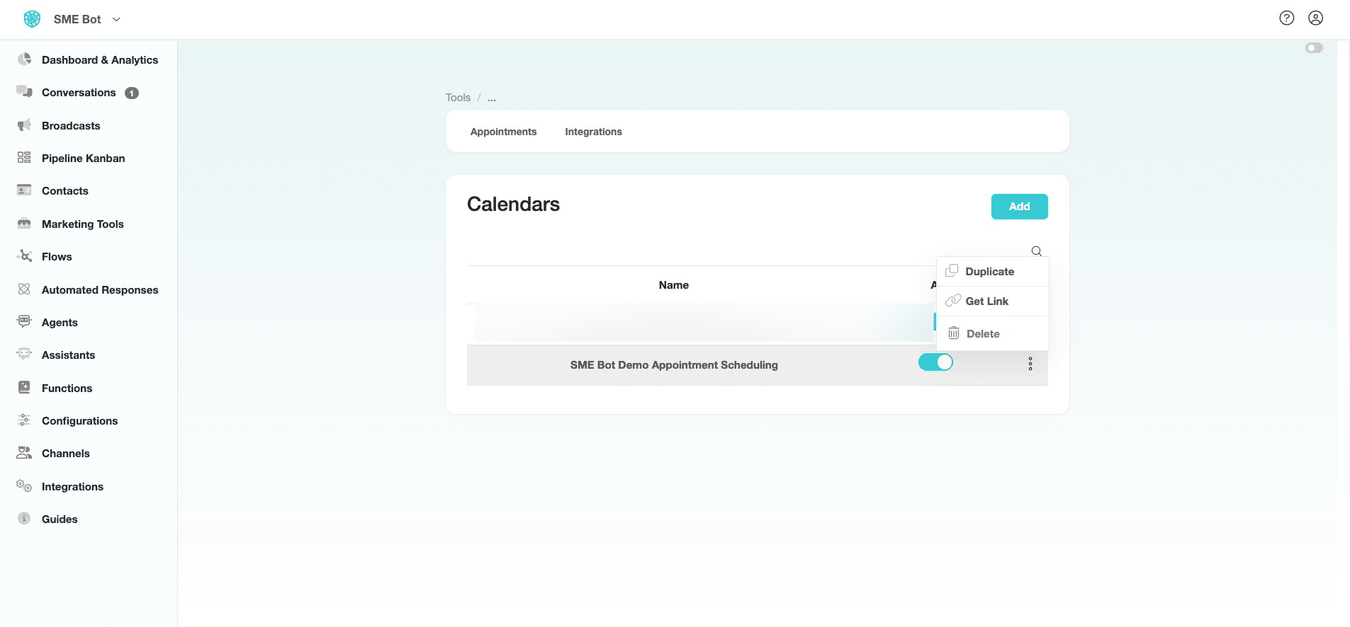 Click the three dots icon next to your Appointment Scheduling Calendar, then select "Get Link" to integrate it into your Flow.