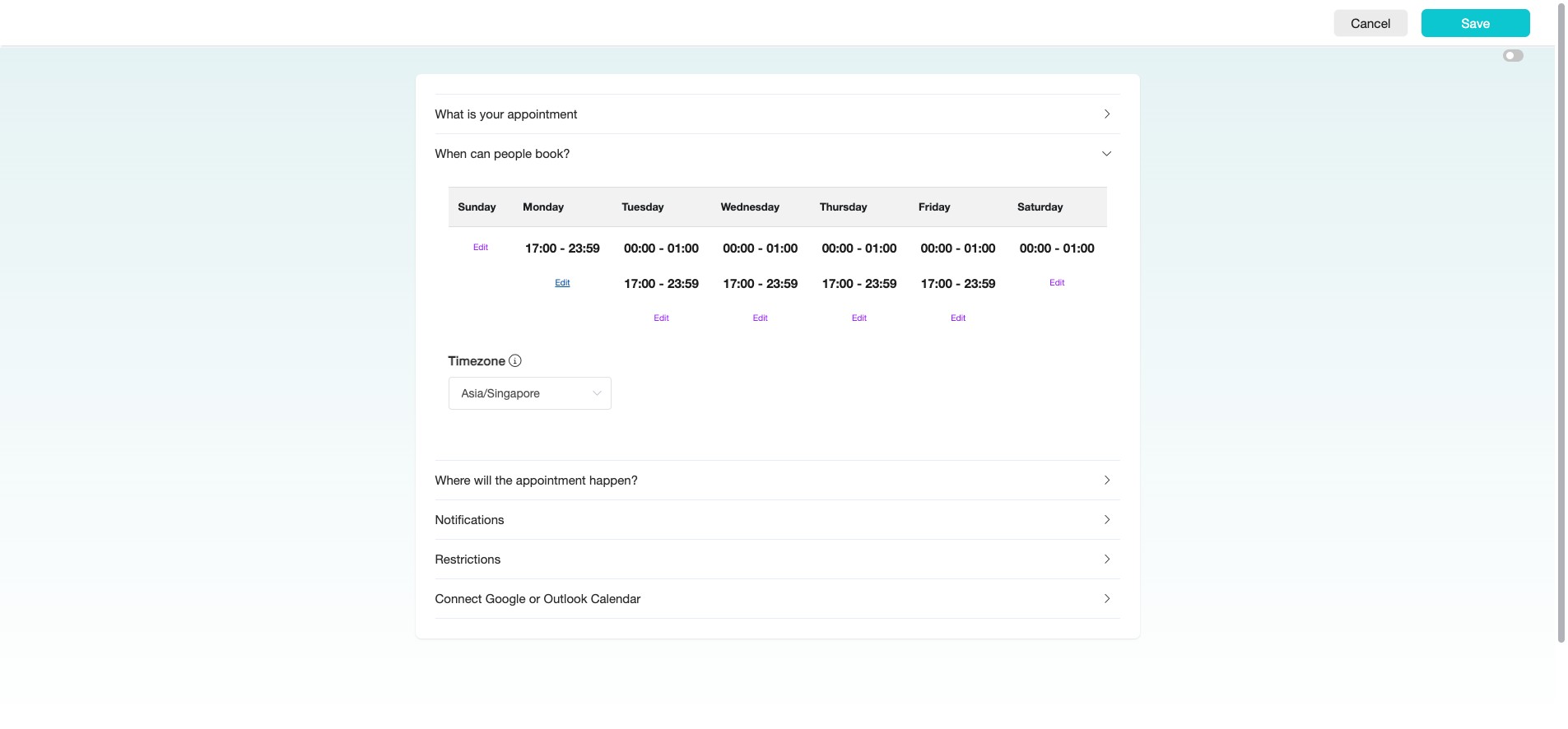 This is where you can configure the available days and time slots for booking. Click "Edit" and set the available time period for booking appointments.