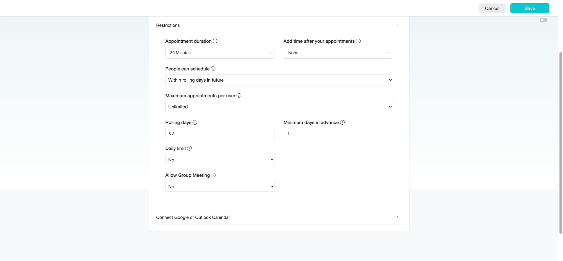 Next, click the arrow icon on the right to configure the "Restrictions" for the appointment scheduling calendar.