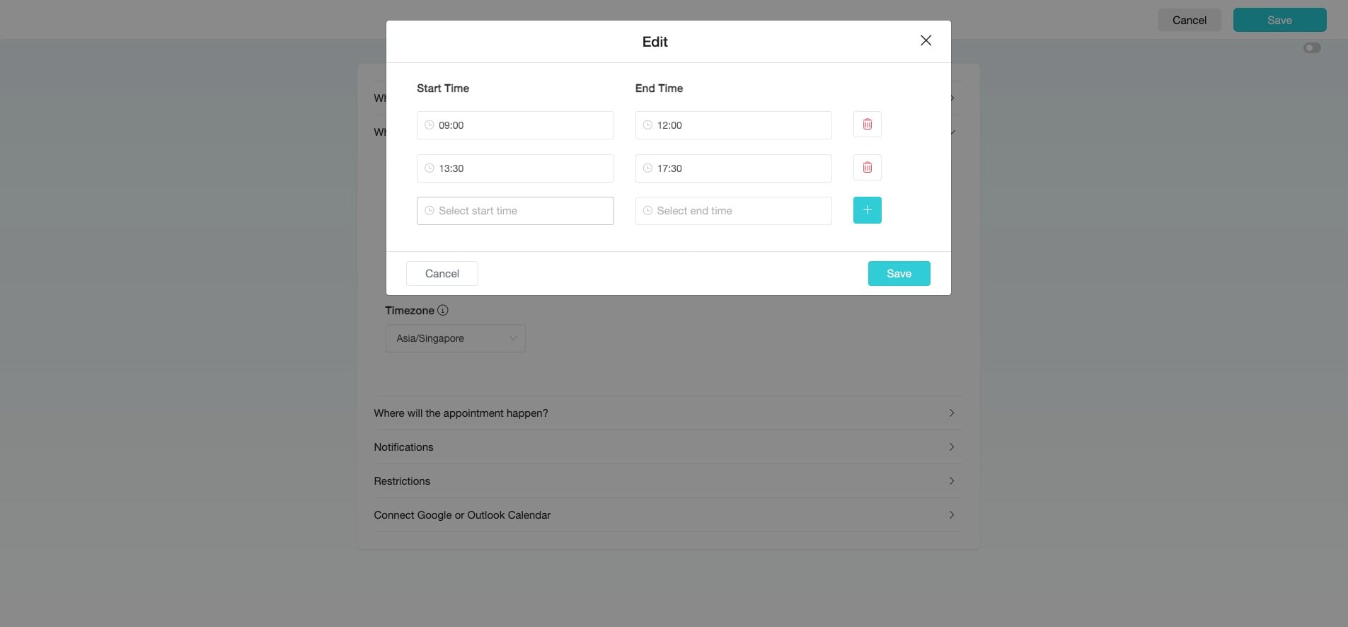 Click the "+" icon to add more time periods for booking. This allows you to configure additional available time slots if needed.