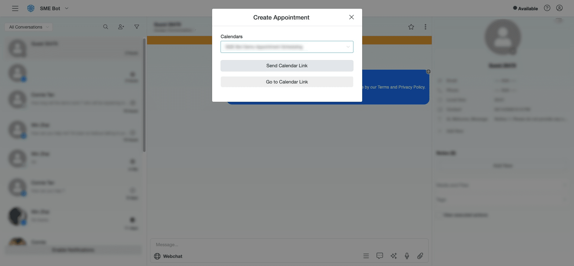 Click "Send Calendar Link" to share the Appointment Scheduling link with the contact.