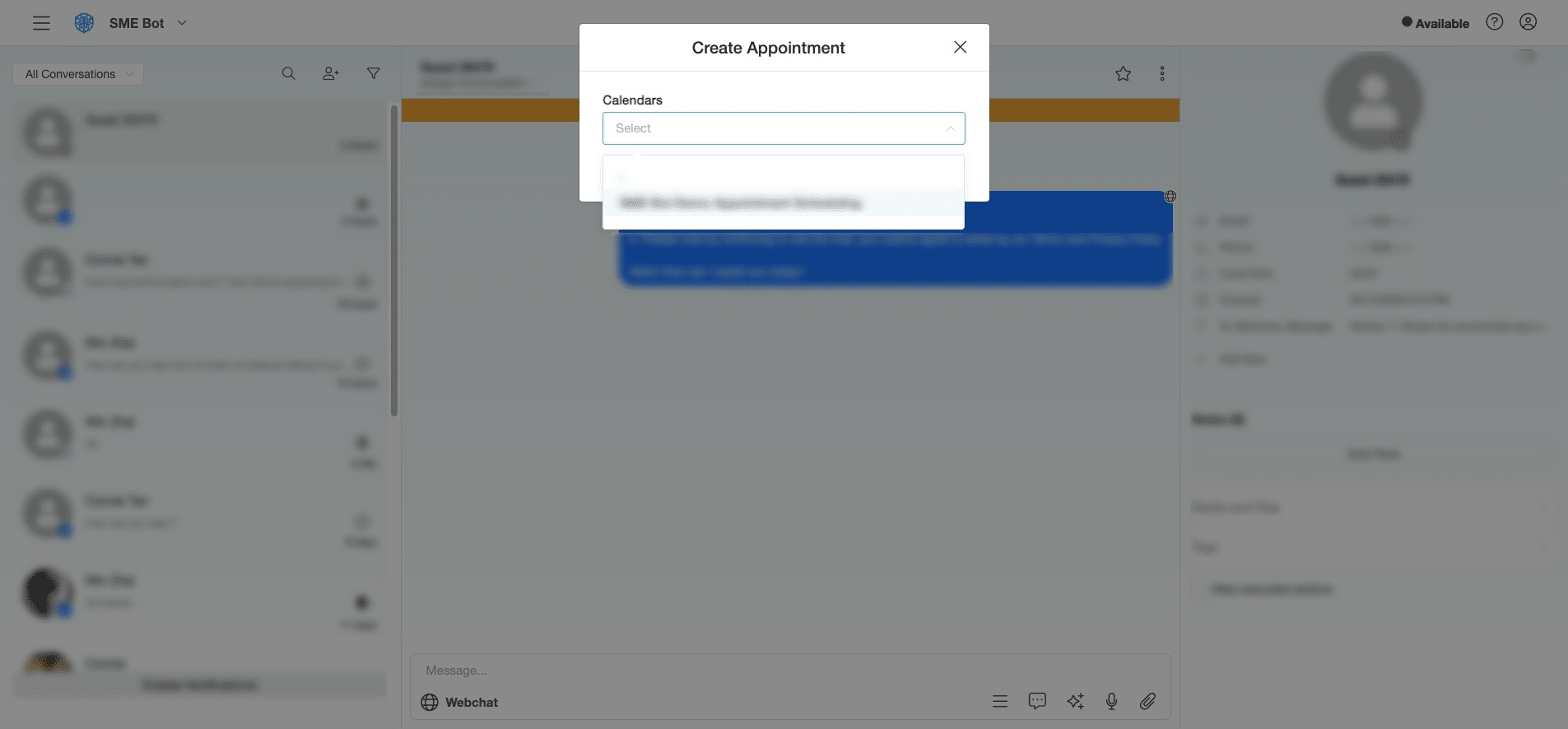 From the pop-up, click the desired Appointment Scheduling Calendar from the list to select.
