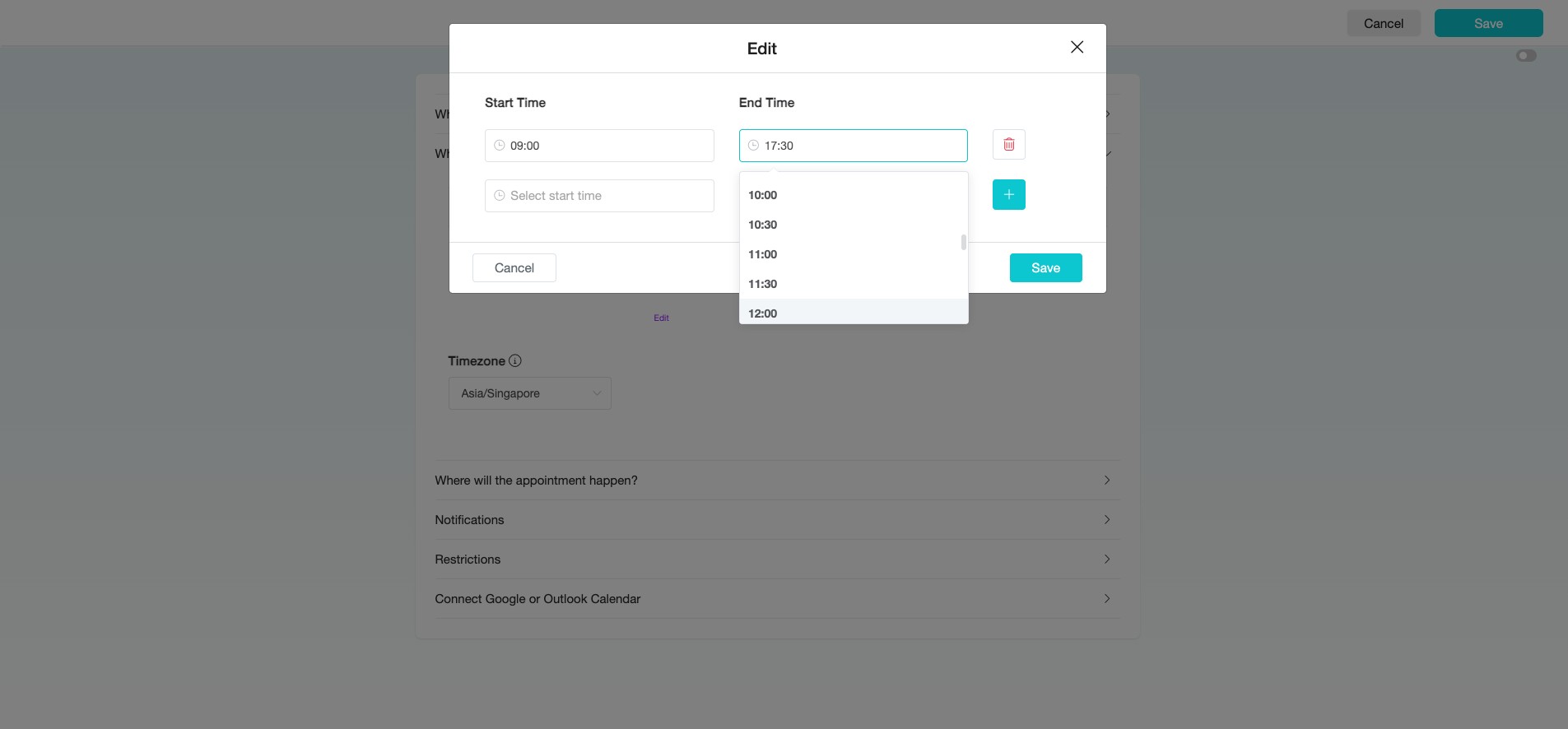 For this example, we will cater to lunch time, so the end time marks the end of the availale timeslot for the morning session. We set the "End Time" to "12:00".