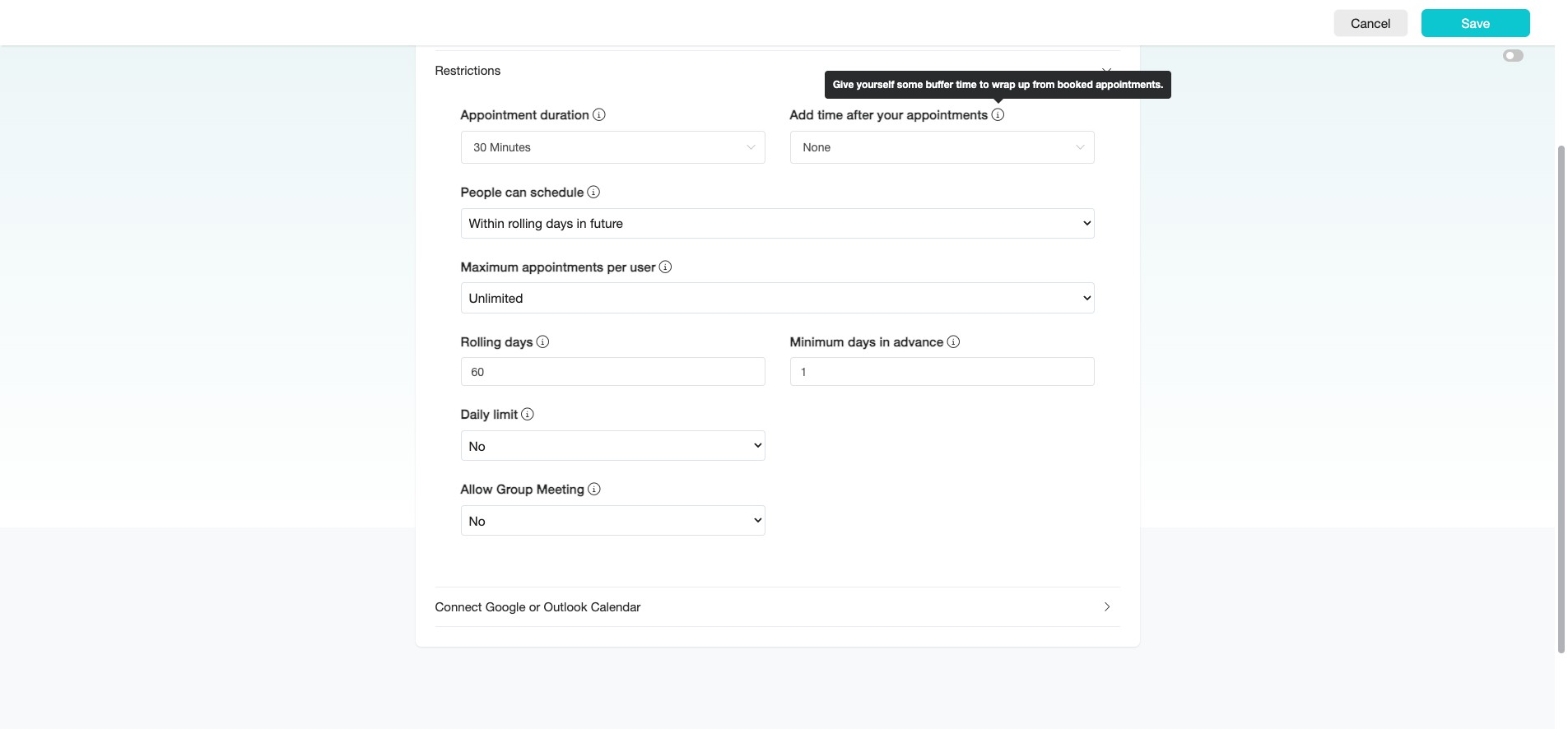Set a buffer under "Add time after your appointment" to transition smoothly between appointments.
