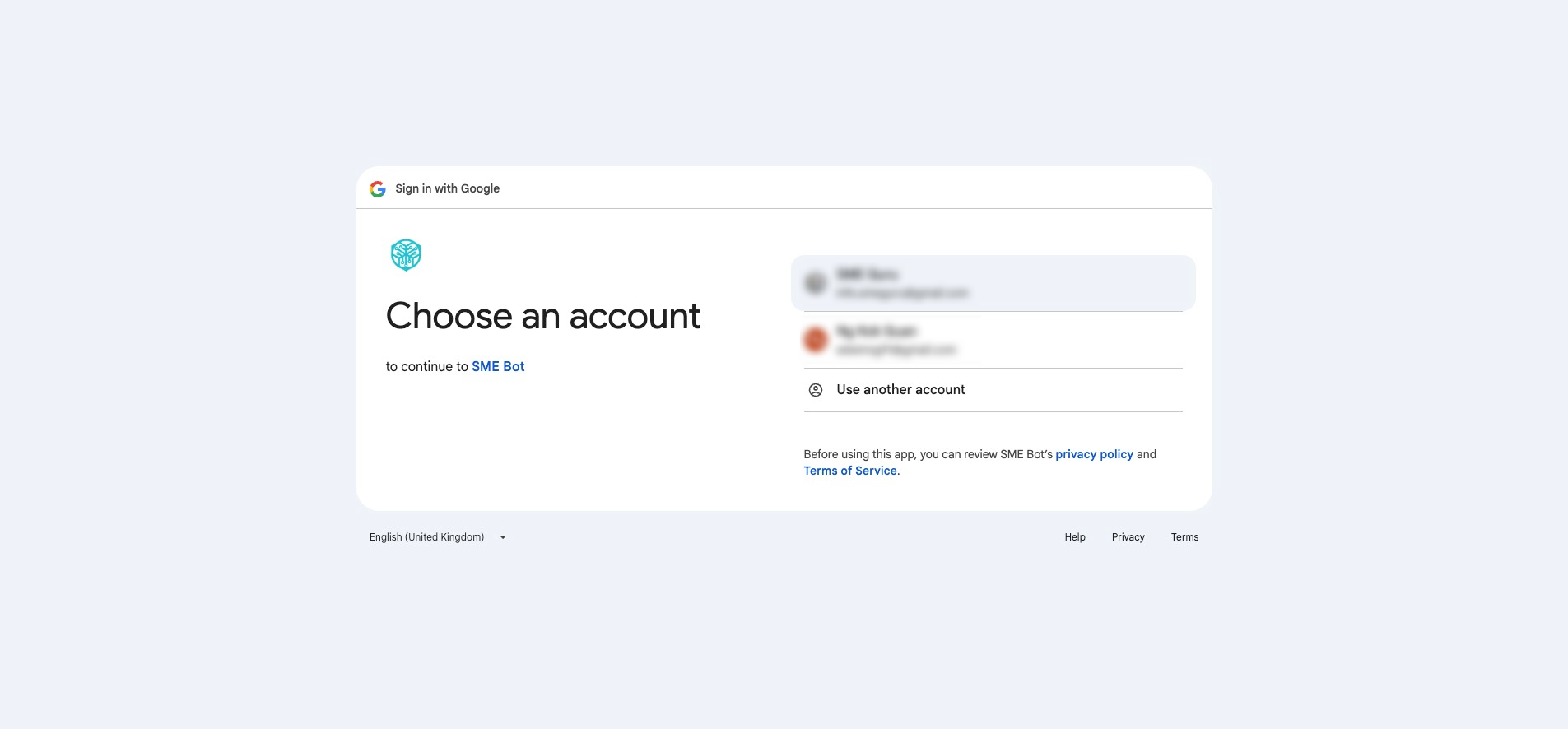 You will be directed to Google — click on the email account you want SME Bot to connect to.