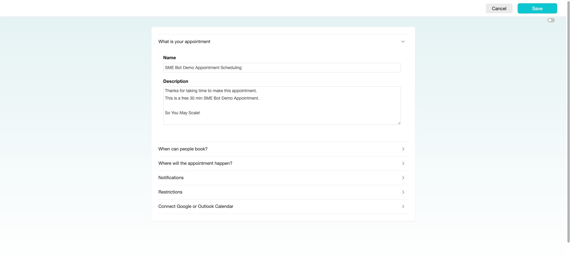 Click the arrow icon on the right to configure the "When can people book?" settings for your appointment scheduling.