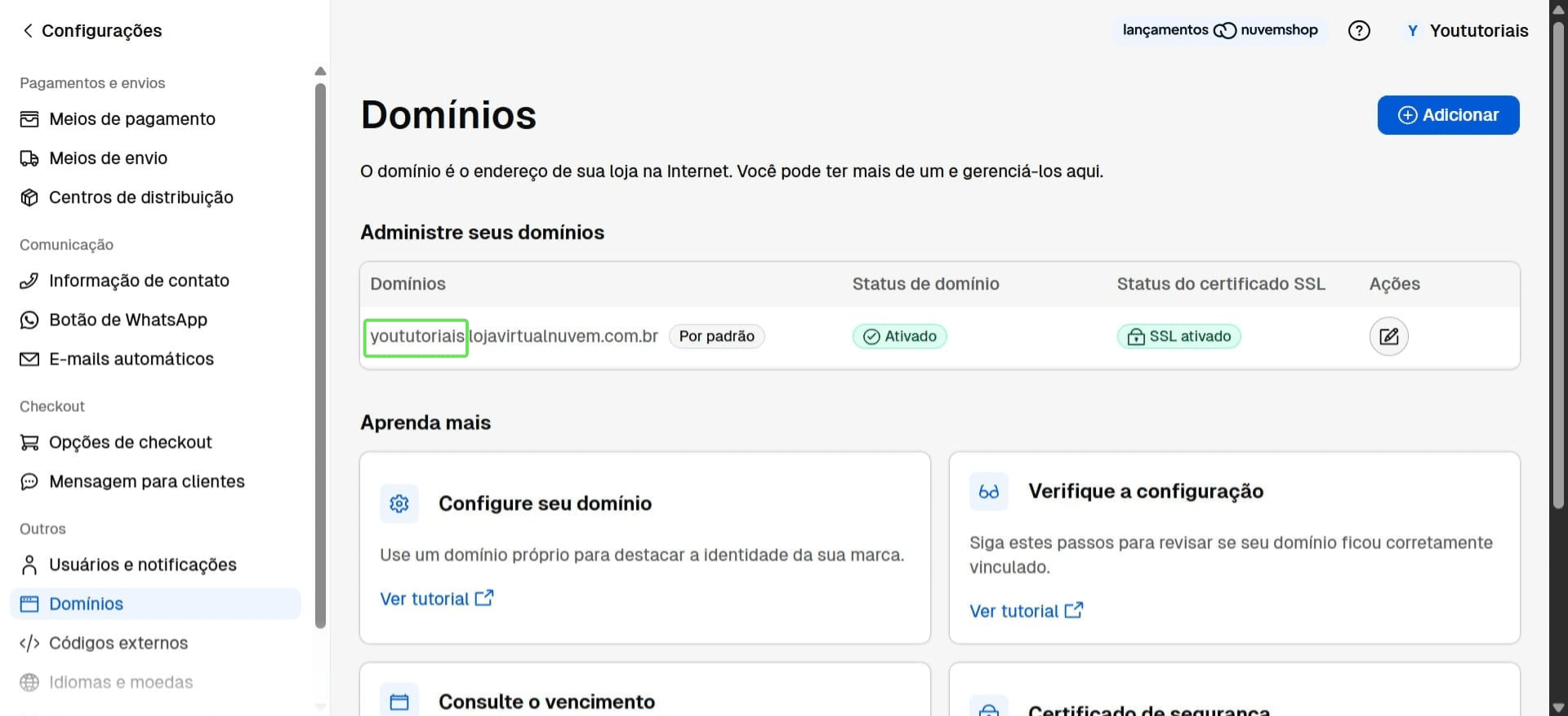 Copie o texto que aparece antes do ponto (.) no domínio da sua loja.