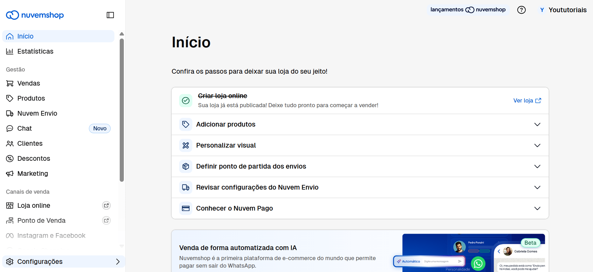 Acesse sua conta da Nuvemshop e clique em Configurações.