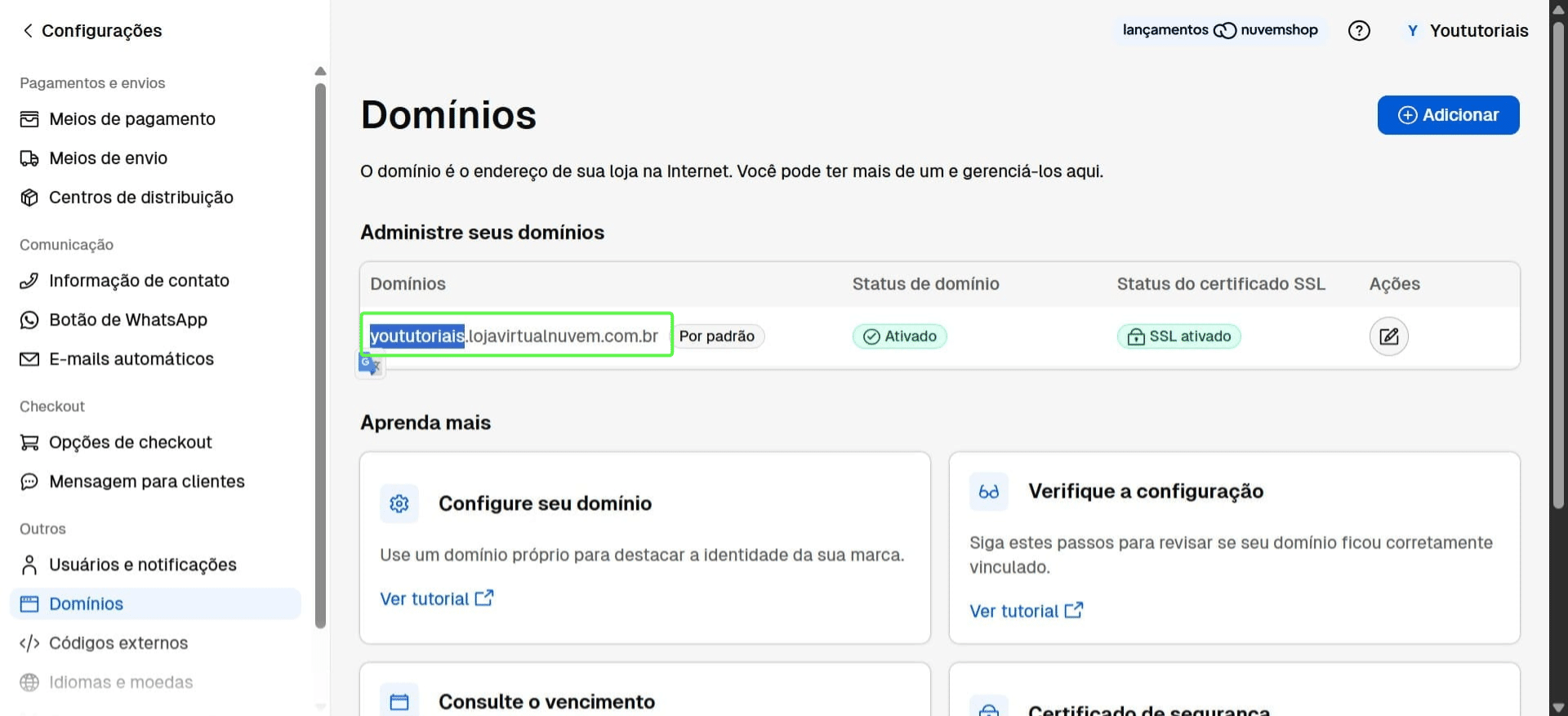 Copie a URL completa da sua loja e volte para a YouShop.