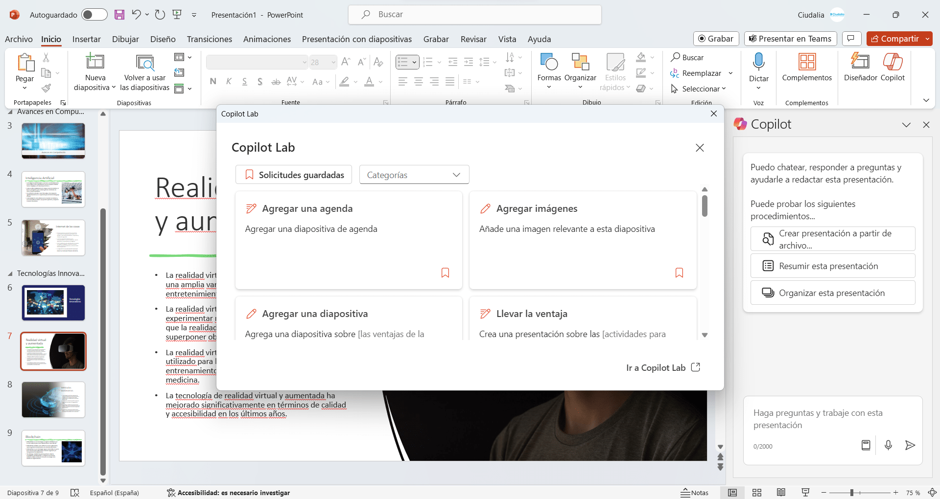 Selecciona la opción precargada y navega por las distintas categorías