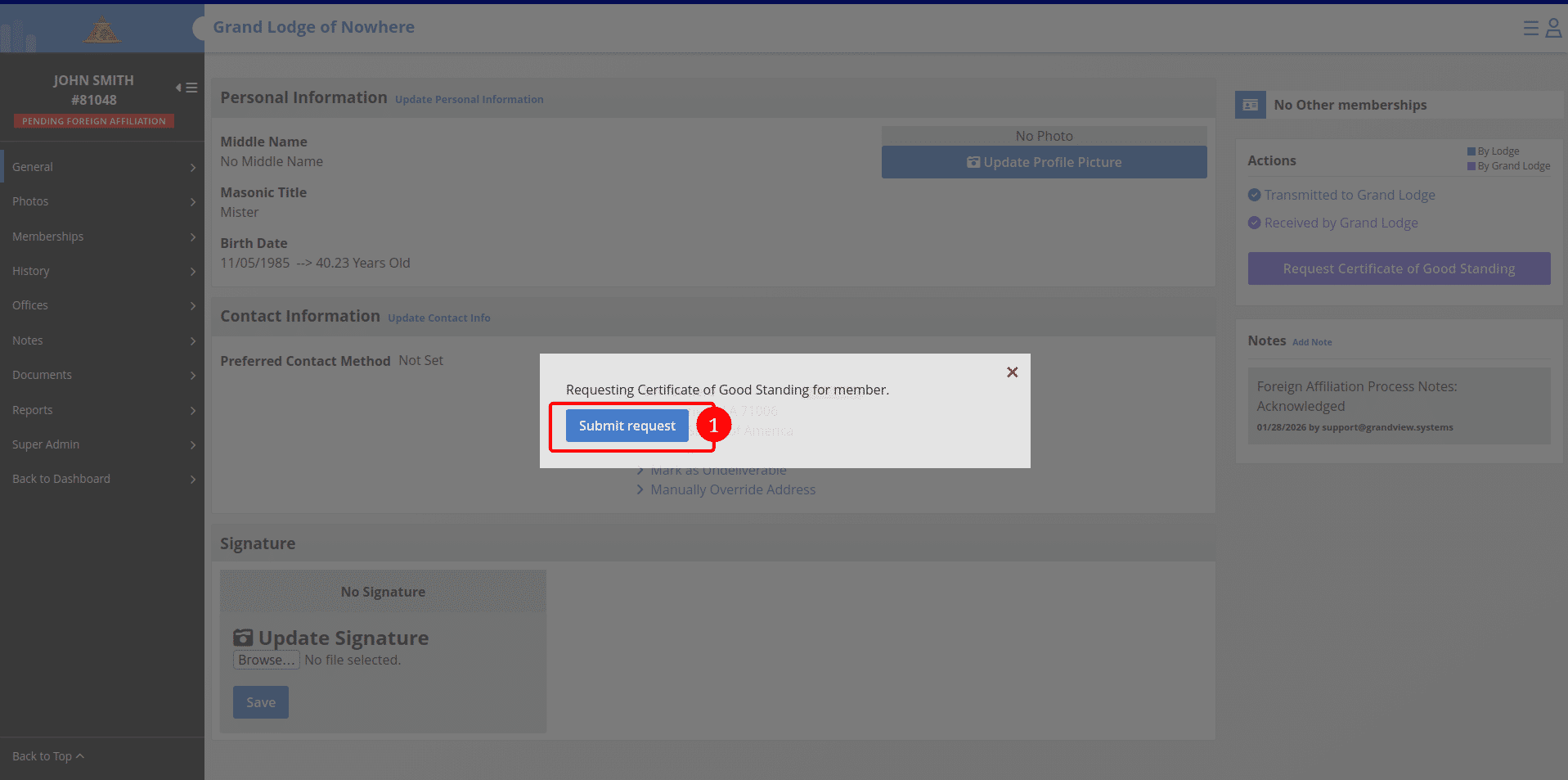 ## Confirm the request
1. Confirm the request in the pop-up dialog by clicking the **"Submit request"** button.