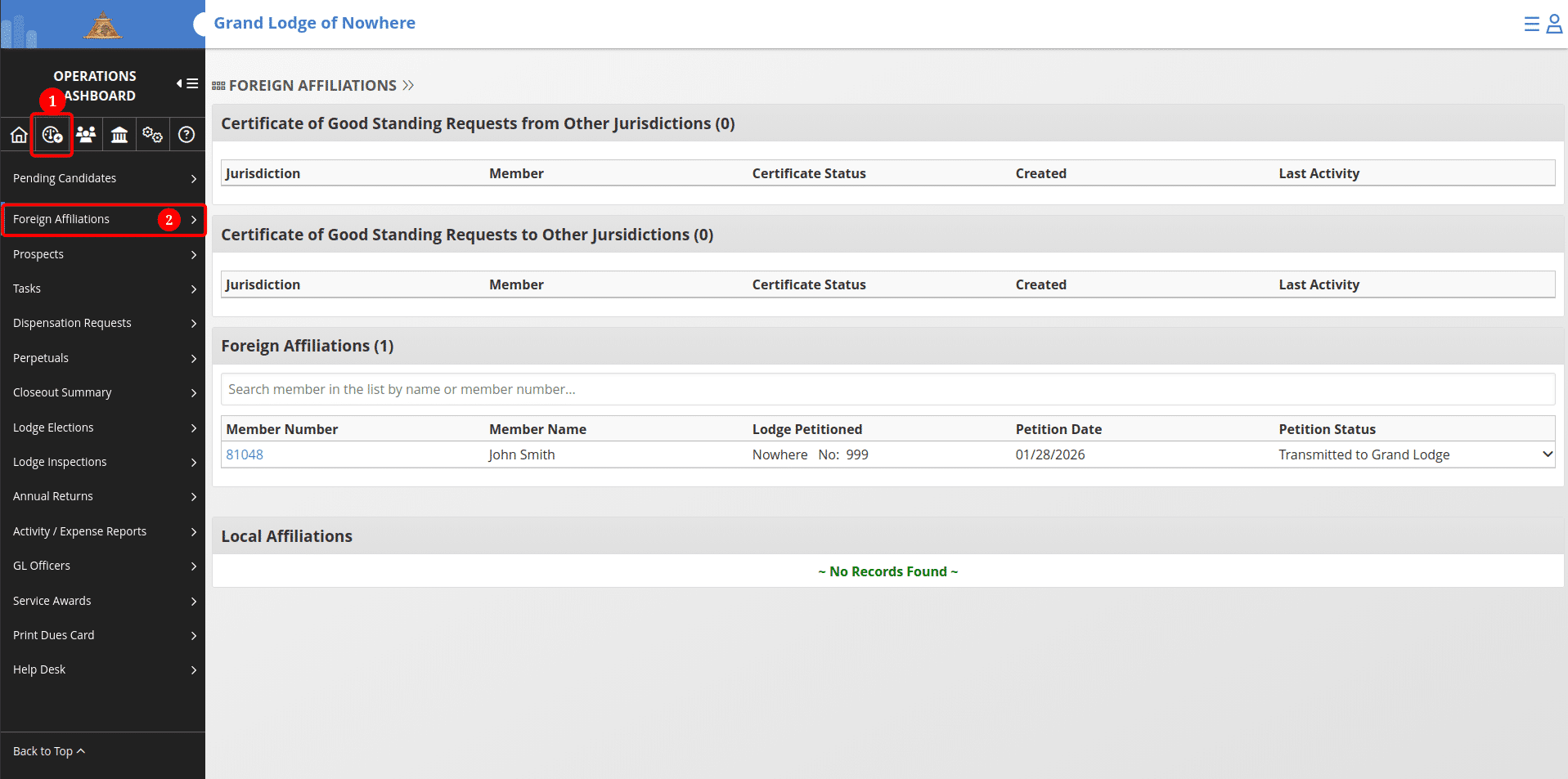 ## Locate the Pending Foreign Affiliation
1. Navigate to the Operations Dashboard and click on **"Foreign Affiliations"** in the left-hand menu.
2. Locate the request under the Foreign Affiliations section and click on the record.