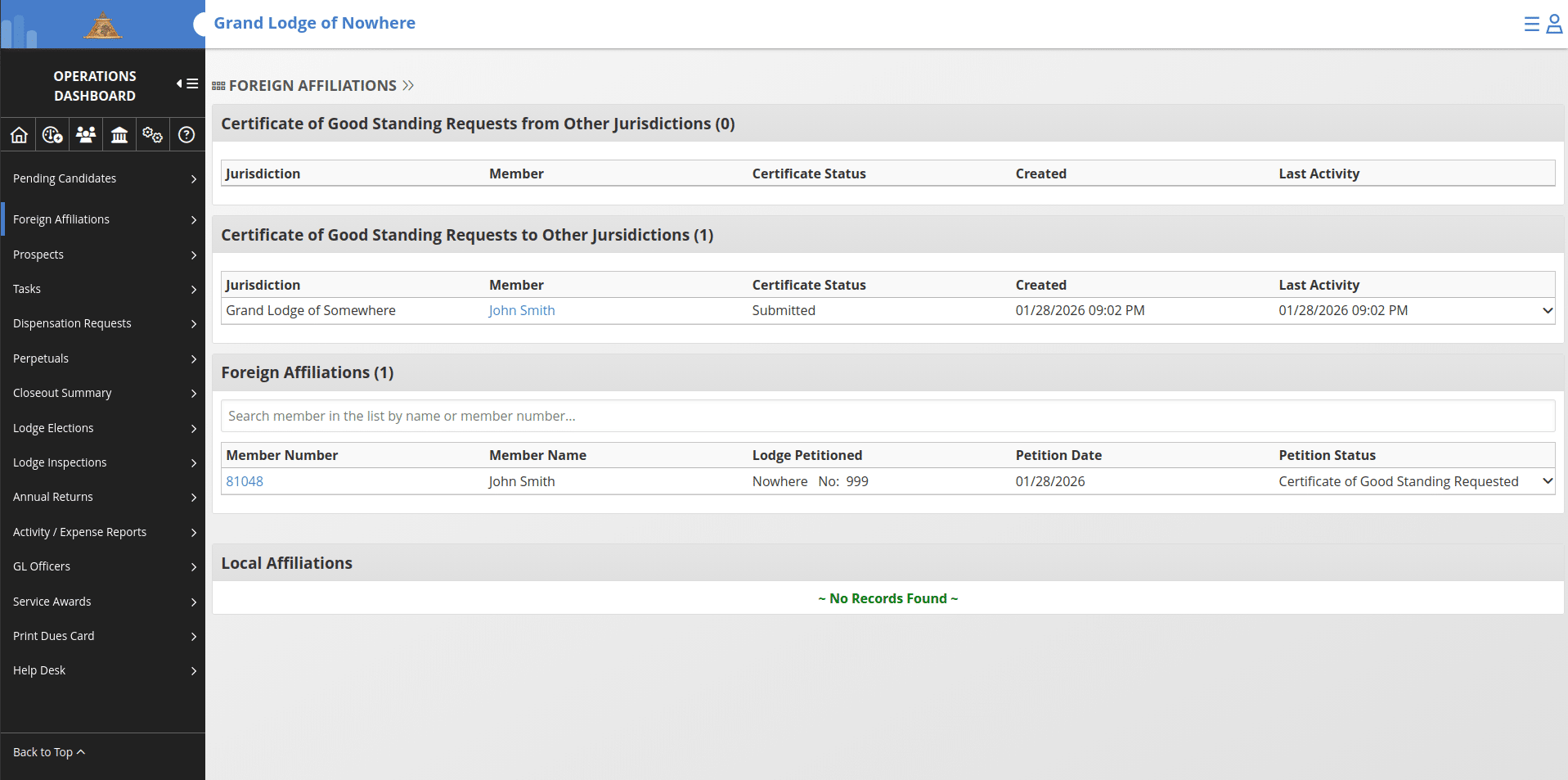 ## Tracking the Request
• The Operations Dashboard displays all outgoing and incoming Certificate of Good Standing requests.
• Status updates automatically as the receiving jurisdiction takes action on the request.
This dashboard also shows requests sent to **your jurisdiction** by other jurisdictions for processing.