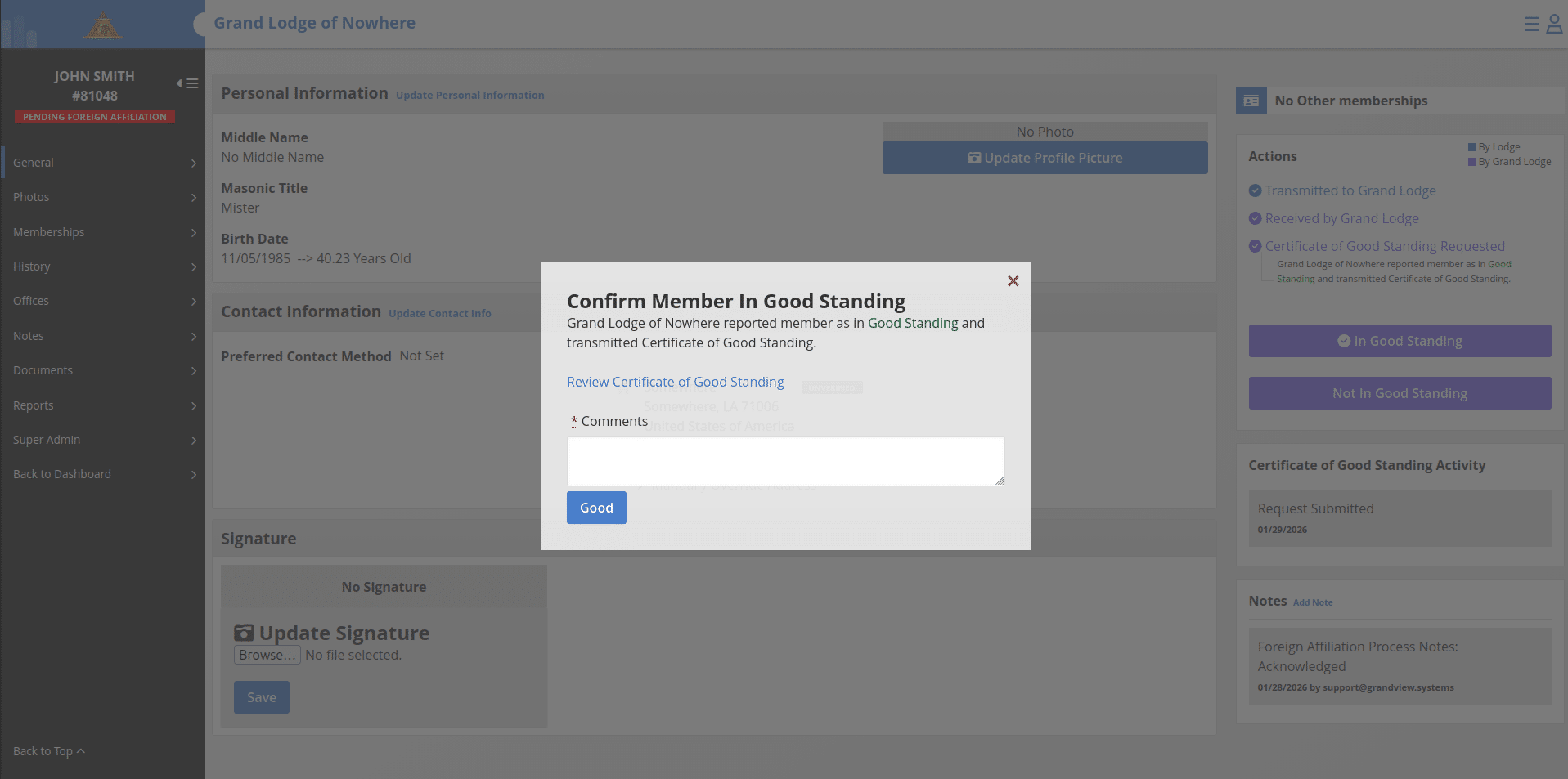 ## Confirming In Good Standing status
After clicking on the purple **"In Good Standing"** button, you have the option of reviewing the Certificate of Good Standing that has been transmitted from the member's home jurisdiction before adding a comment and clicking the **"Good"** button to confirm.