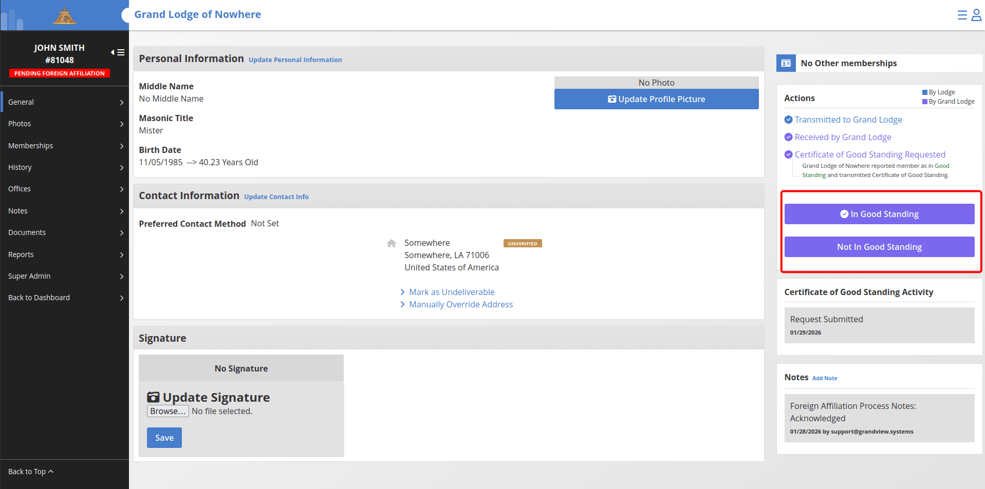 ## After receiving a response
Once a response is received:
• The Operations Dashboard reflects the updated status.
• The member record updates automatically based on the response.
If the member is marked In Good Standing, the **"In Good Standing"** action button becomes available on the member record.