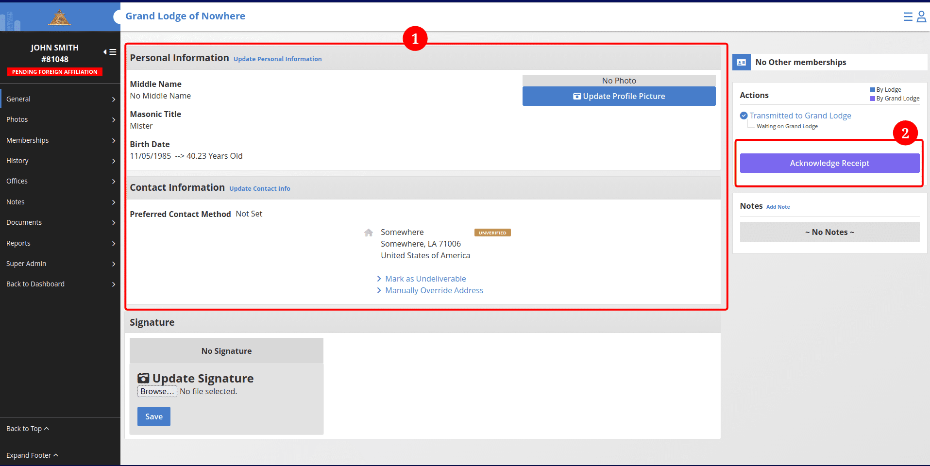 ## Review the Member Record
Before requesting the Certificate of Good Standing, open the member’s record.
1. Review all personal, lodge, and status information.
2. Click on **"Acknowledge Receipt"** and confirm
This step helps prevent delays or rejections from the foreign jurisdiction.