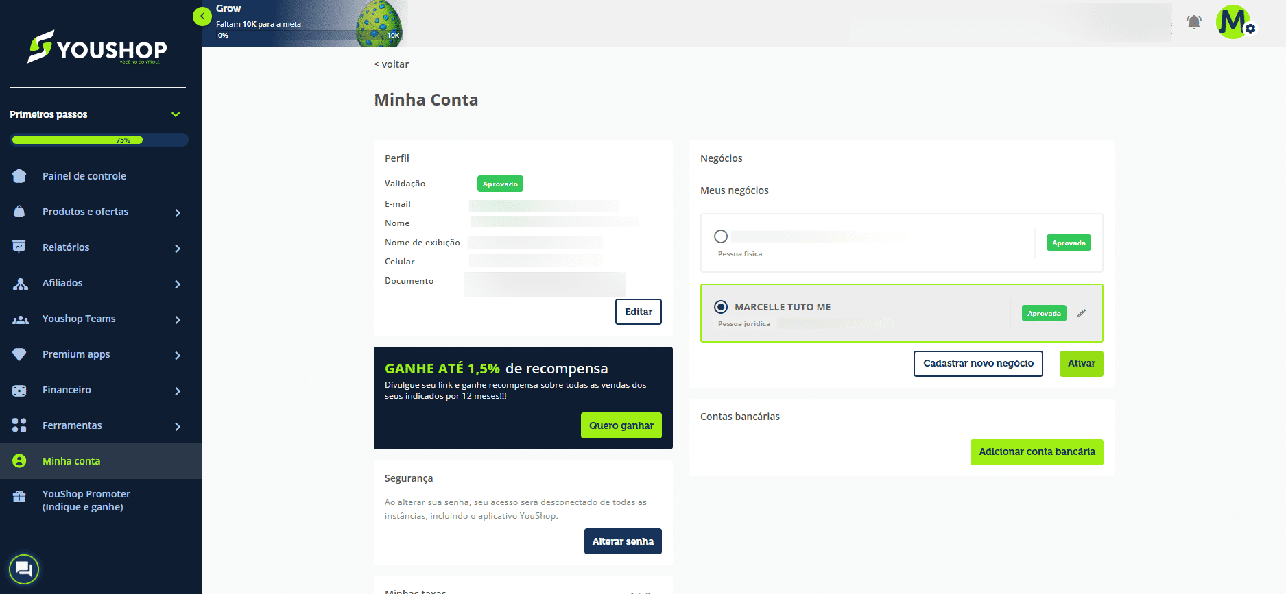 Depois de preencher todos os dados de contato, selecione seu negócio e clique em ativar para utilizá-lo na plataforma.