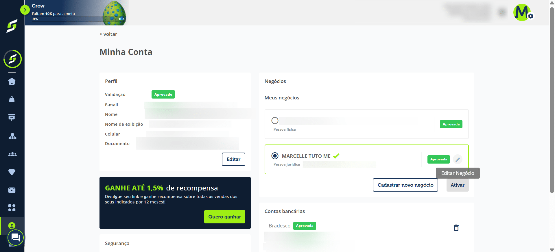 Também é possível adicionar os dados de suporte ao comprador na opção “Editar negócio”. Esse contato geral ficará automaticamente cadastrado em todos os produtos.