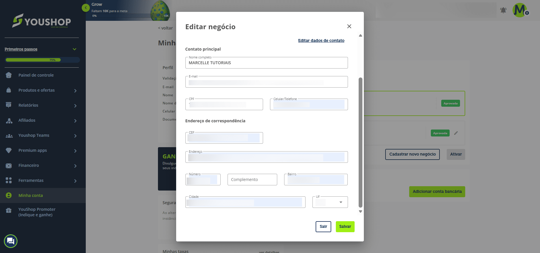 Informe todos os dados de contato da empresa, incluindo o e-mail, o celular, o endereço, e salve.