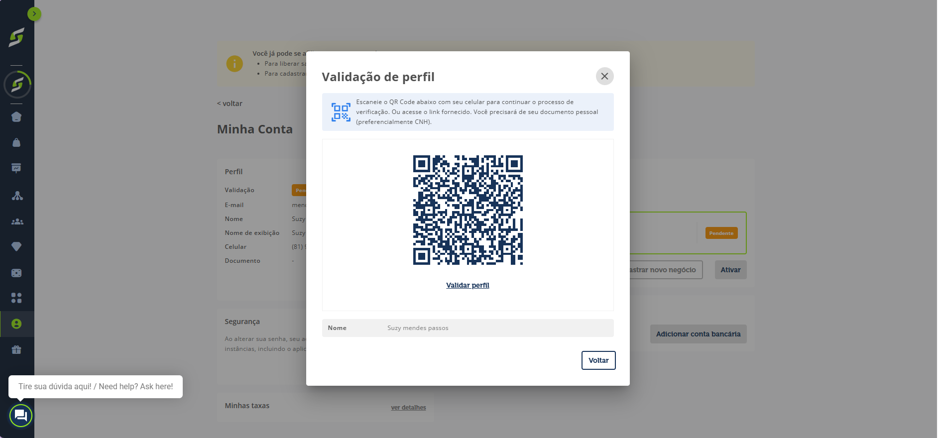 Um código QR será exibido para que você possa escaneá-lo e continuar o processo de verificação. Também é possível acessar o link para ir à página de validação.