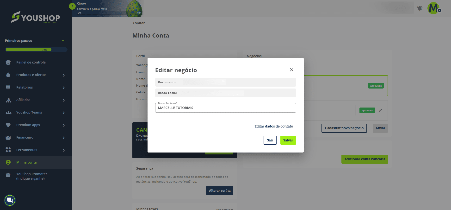 Aqui você pode incluir o nome fantasia e é importante selecionar a opção 'editar dados de contato' para inserir as informações de **contato da empresa.**