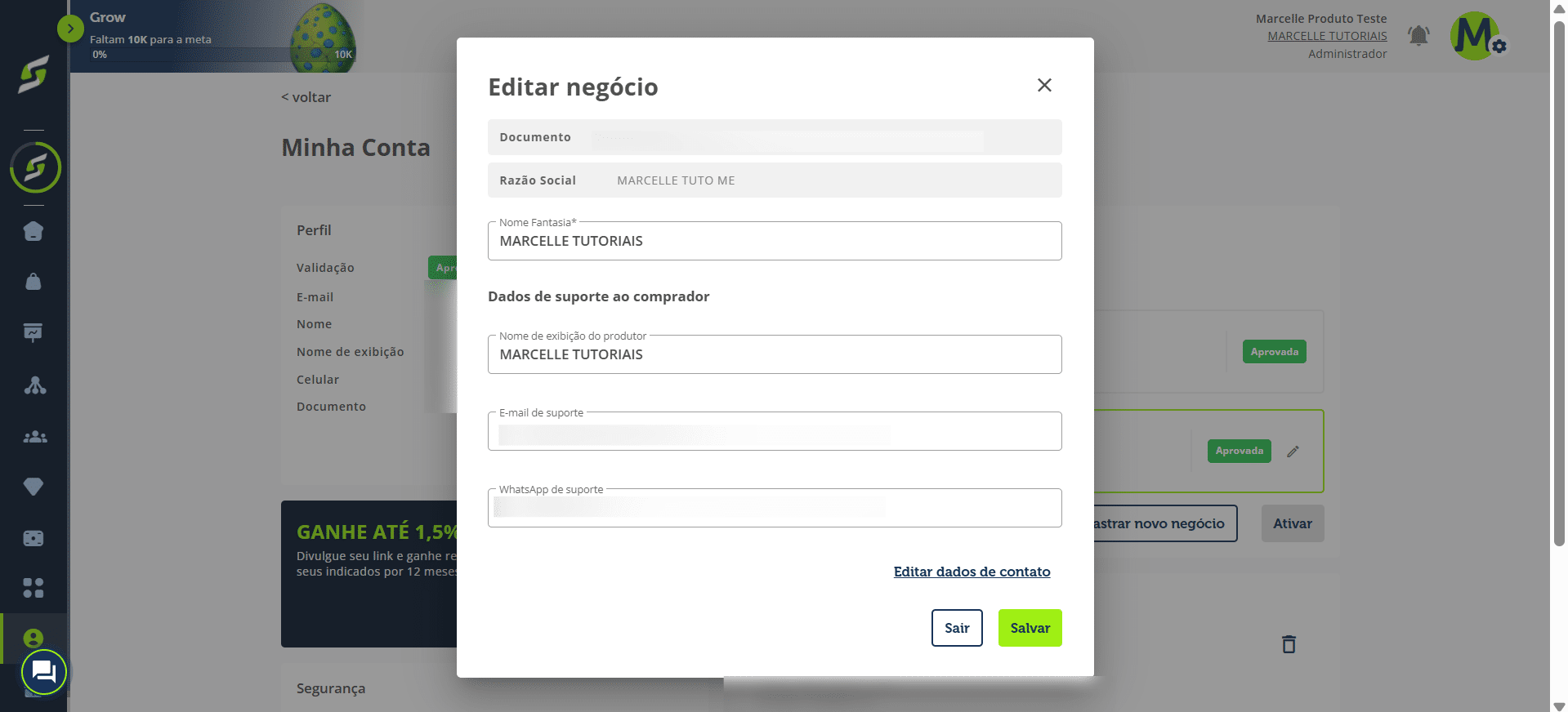 Preencha corretamente os **dados de suporte ao comprador da sua empresa** e salve as informações.