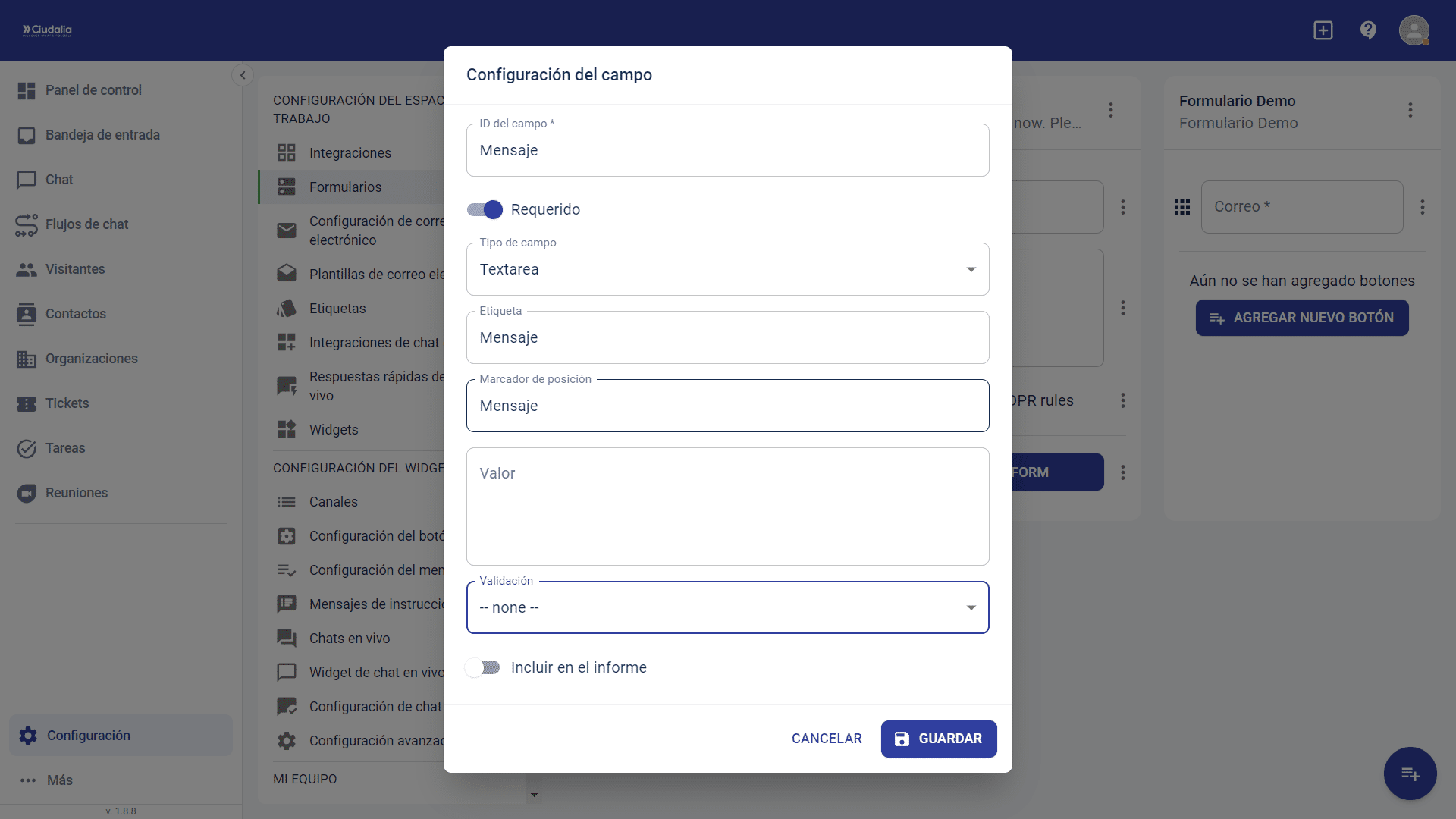 Ejemplo de un campo tipo **Mensaje**