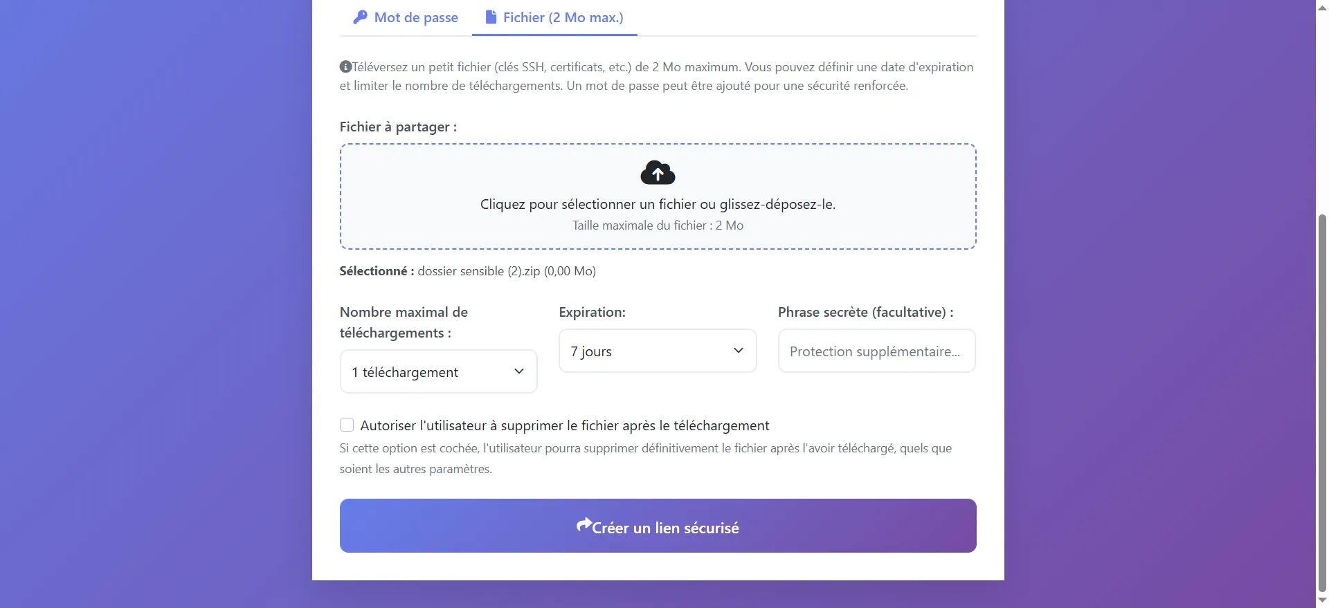 Définissez combien de fois le destinataire pourra télécharger le fichier avant qu’il soit automatiquement supprimé.

