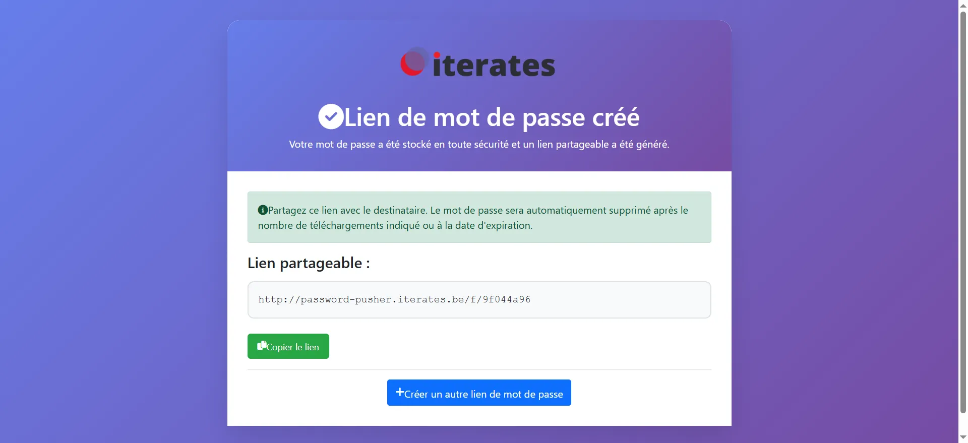 Copier le lien partageable en cliquant sur le bouton vert  "copier le lien"
Collez-le ensuite dans un email, un message, un SMS ou tout autre canal de communication pour le transmettre au destinataire.
