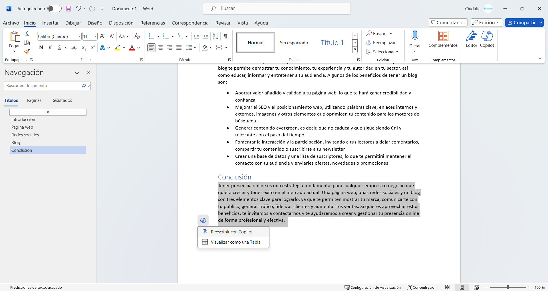 Selecciona la opcion de "**Reescribir con Copilot**"