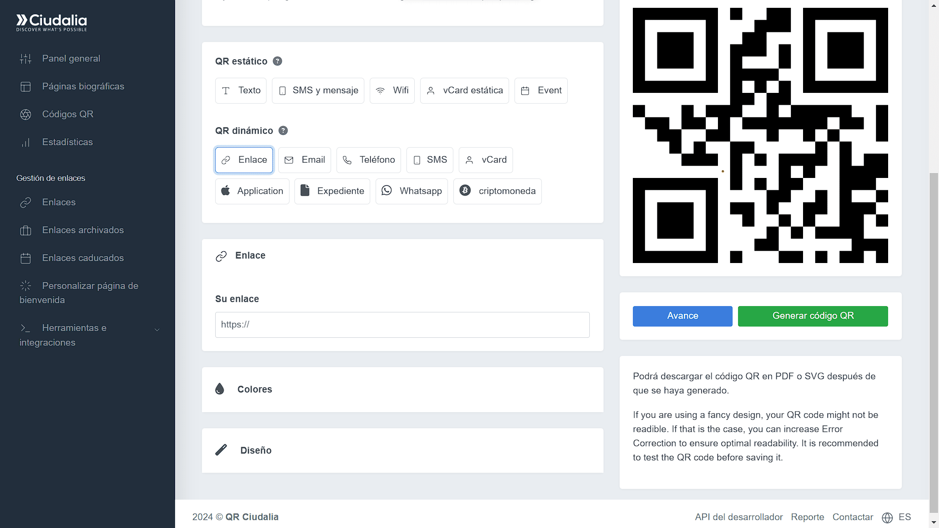 Escoge un QR "estático" o "dinámico". Selecciona uno dinámico cuando necesites saber la ubicación, navegador y dispositivo cuando un usuario escanea el Código QR de lo contrario utiliza uno estático